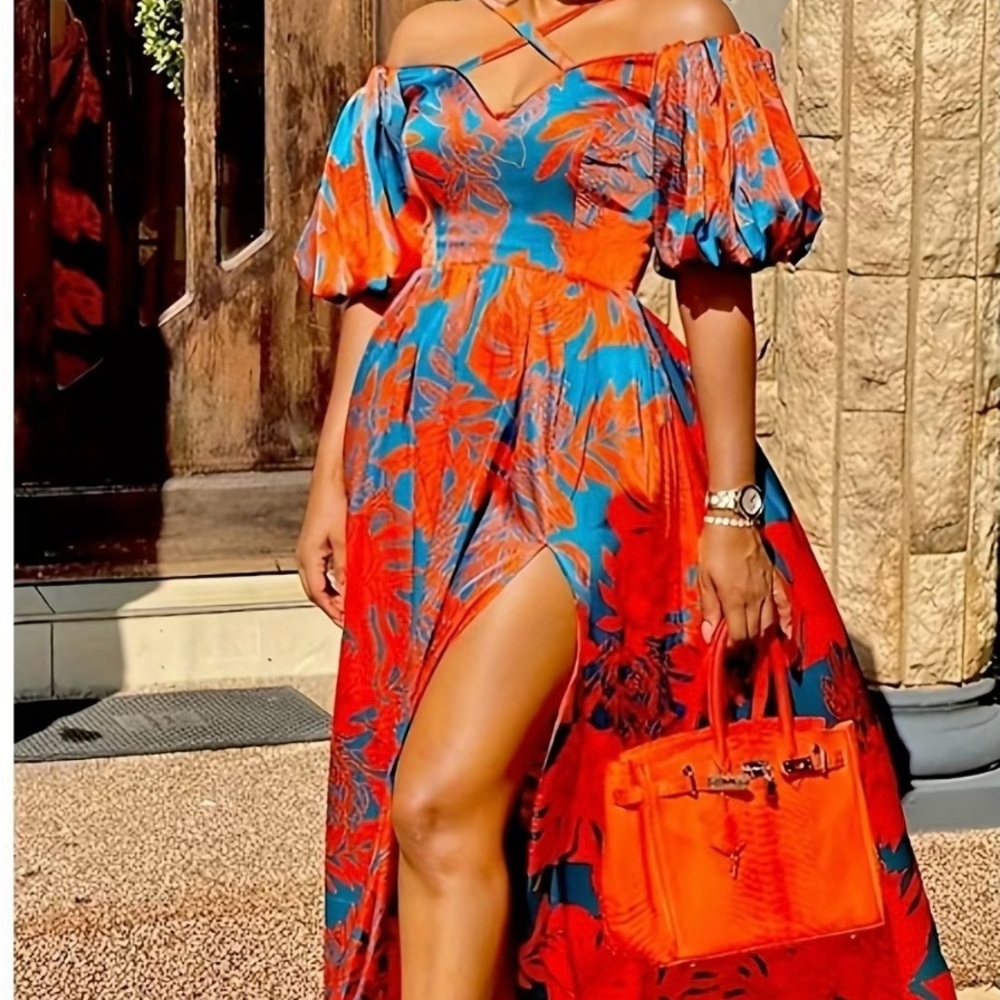 Off-Shoulder High-Low Floral Maxi Dress in Orange & Blue